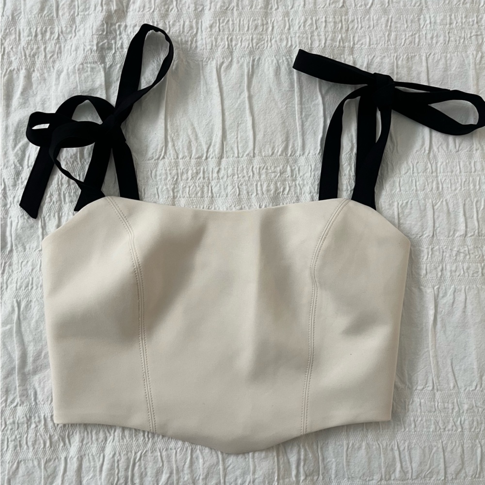 Ivory Strapless Bustier Top with Black Tie Straps